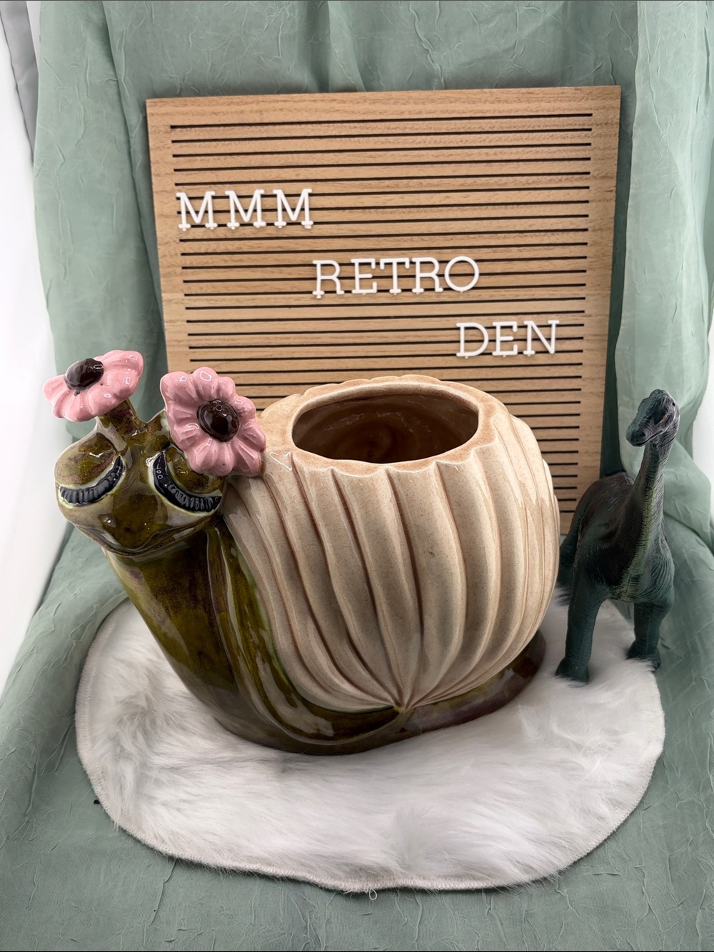 Vintage Ceramic Olive Green Snail with Pink Flowers Planter and Cream Shell